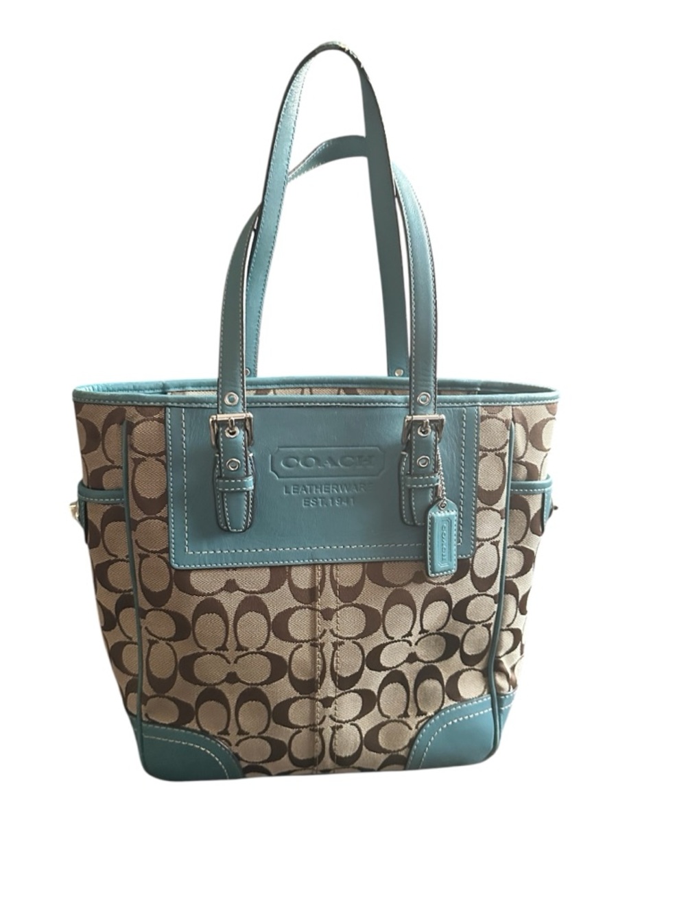 Coach Vintage Y2K Hadley Lunch Bag Beige Signature Canvas Tote Blue Leather Trim